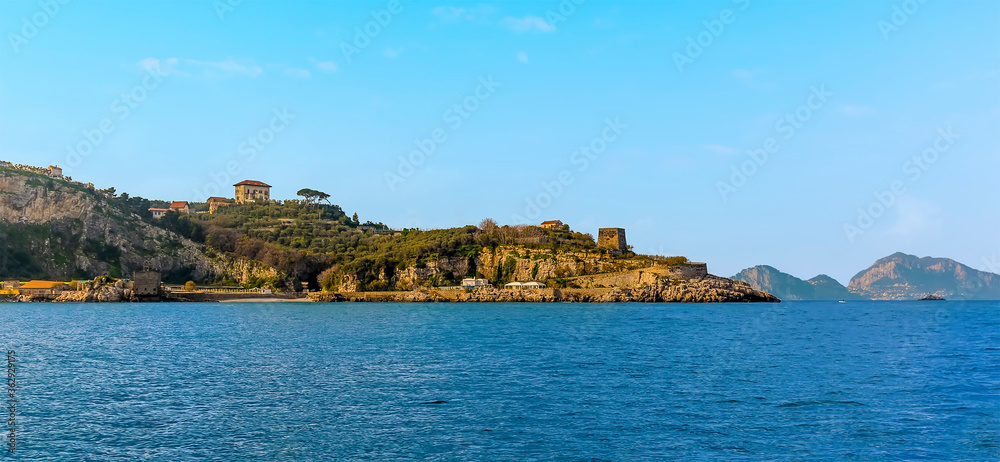 A panorama view towards the farmhouse la Villanella on the coast adjacent to Sorrento, Italy