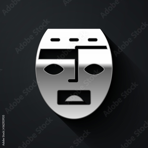 Silver Mexican mayan or aztec mask icon isolated on black background. Long shadow style. Vector.
