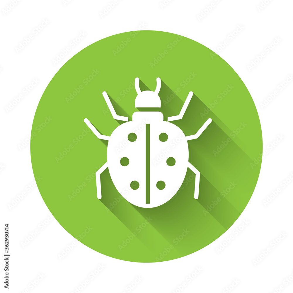 White Mite icon isolated with long shadow. Green circle button. Vector. White Mite icon isolated with long shadow. Green circle button. Vector.