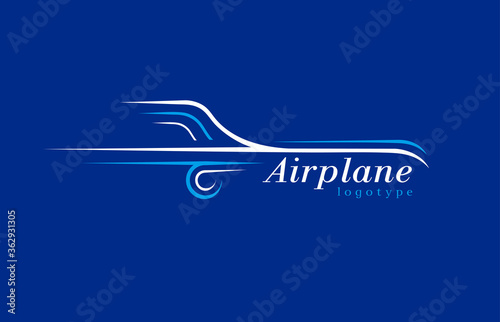 Airplane logo lines style plane silhouette white color blue background