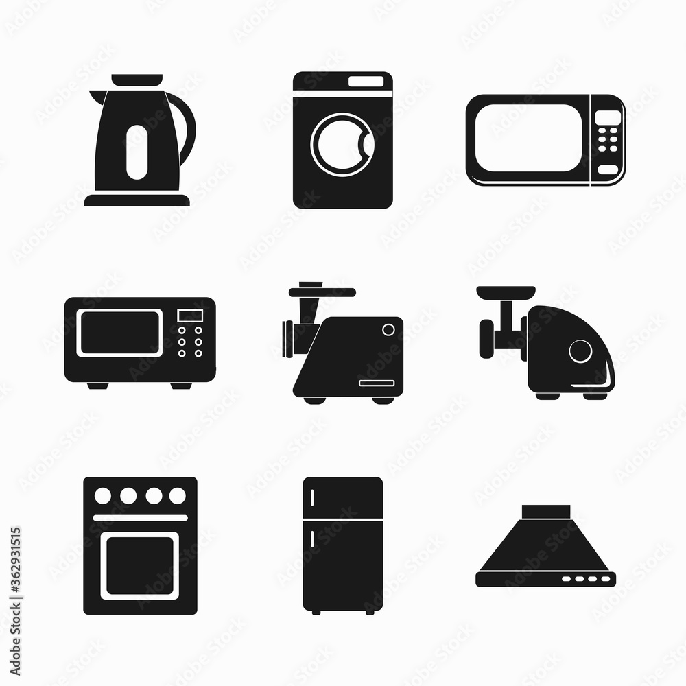 Kitchen electrical equipment icon set with tea kettle, blender, fridge, gas stove, microwave icon