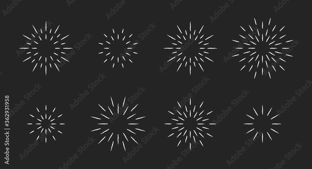 Chalk style star fireworks burst pattern set. White chalk line star shaped firework pattern collection isolated blackboard. New year celebration decoration, birthday party festive graphic design Chalk style star fireworks burst pattern set. White chalk line star shaped firework pattern collection isolated blackboard. New year celebration decoration, birthday party festive graphic design