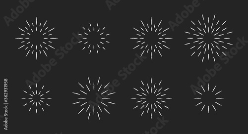 Chalk style star fireworks burst pattern set. White chalk line star shaped firework pattern collection isolated blackboard. New year celebration decoration, birthday party festive graphic design