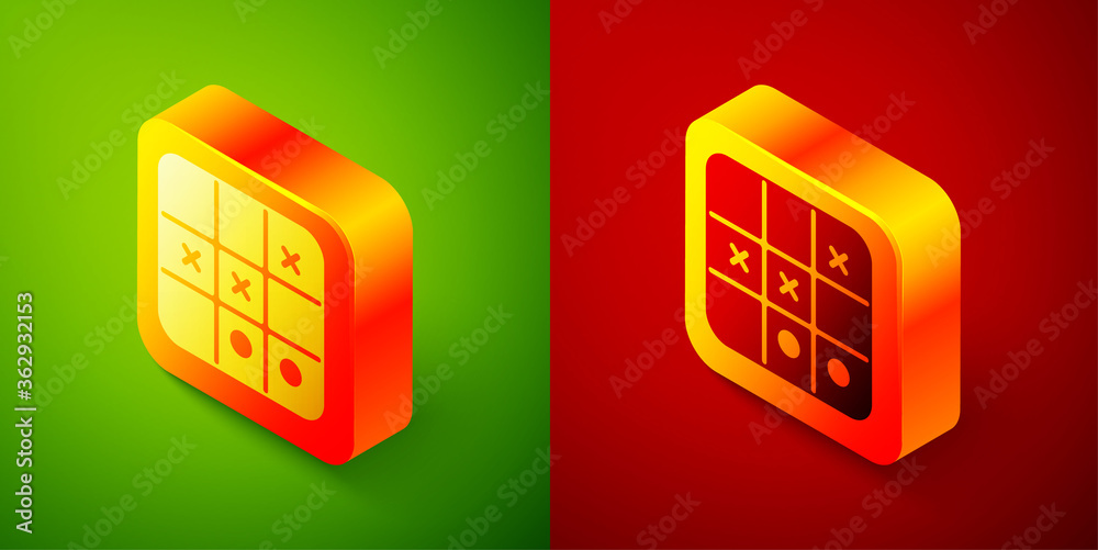 Isometric Tic tac toe game icon isolated on green and red background. Square button. Vector. Isometric Tic tac toe game icon isolated on green and red background. Square button. Vector.