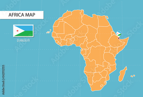 Djibouti map in Africa, icons showing Djibouti location and flags.	
