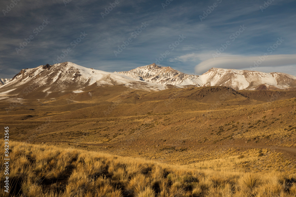 Idyllic landscape. View of the valley, golden meadow and mountain range with snowy peaks.