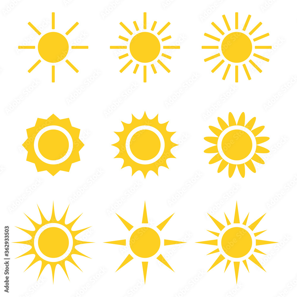 Set of vector design element isolated on background. Sun heat icon collection. Flat abstract yellow symbol of hot weather. Creative summer sunlight arts. Concept of glare and sunrise. Sunshine sign Set of vector design element isolated on background. Sun heat icon collection. Flat abstract yellow symbol of hot weather. Creative summer sunlight arts. Concept of glare and sunrise. Sunshine sign