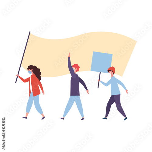 People with medical masks and banners boards vector design