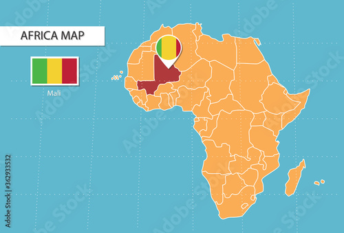 Mali map in Africa, icons showing Mali location and flags.	