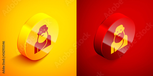 Isometric Socrates icon isolated on orange and red background. Sokrat ancient greek Athenes ancient philosophy. Circle button. Vector.