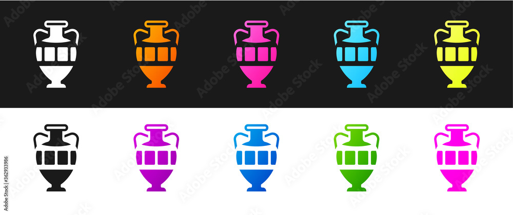 Set Ancient amphorae icon isolated on black and white background. Vector.
