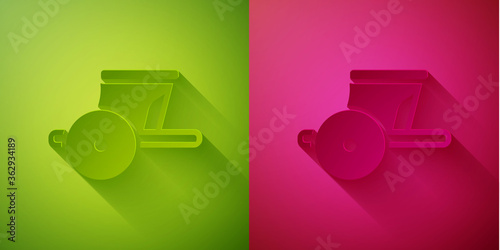 Paper cut Ancient Greece chariot icon isolated on green and pink background. Paper art style. Vector.