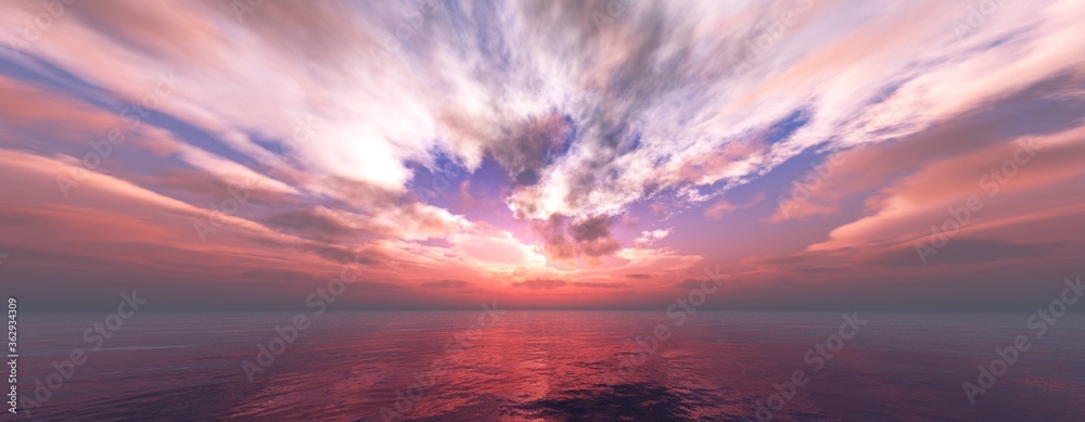 Fototapeta premium Beautiful sea sunset, ocean sunrise, evening at sea, evening sky over the ocean, 3D rendering