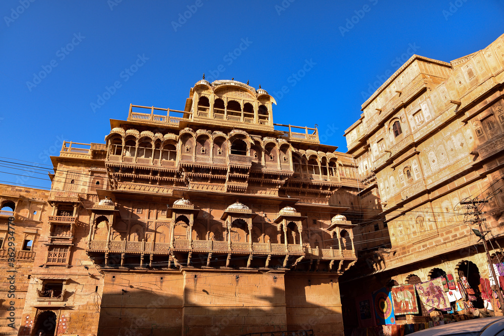 The beautiful Haveli palace made of golden limestone in Jaisalmer, Rajasthan, India