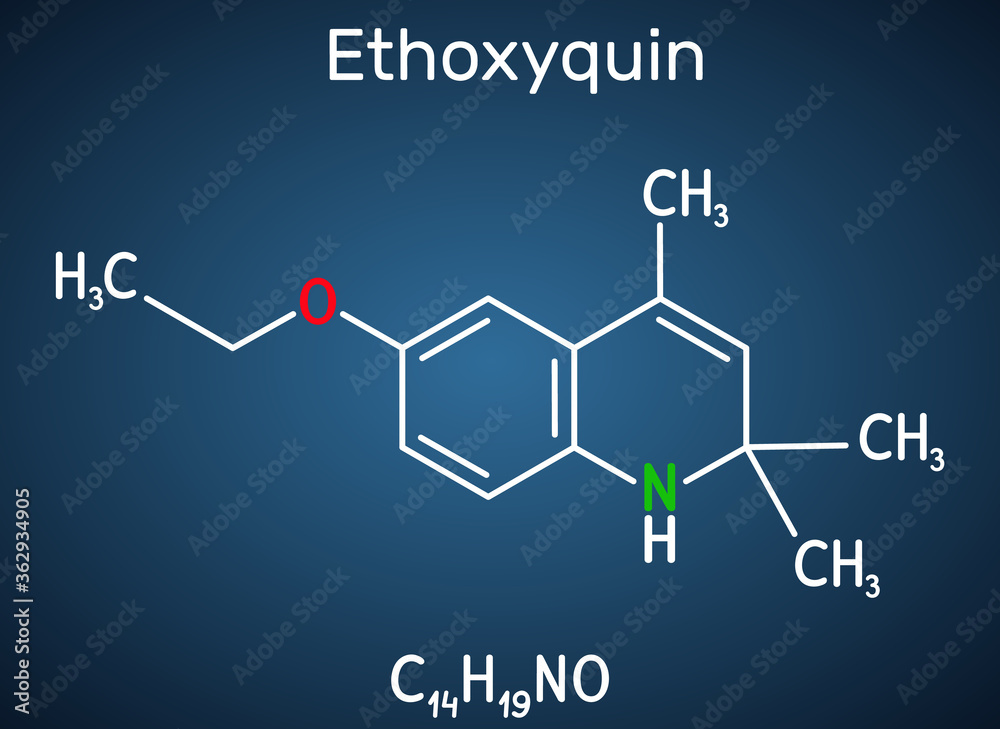 Ethoxyquin, EMQ, antioxidant E324 molecule. It is a quinoline used as a