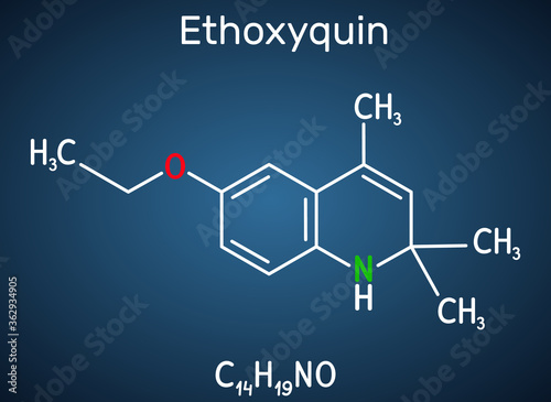Ethoxyquin, EMQ,  antioxidant  E324 molecule. It is a quinoline used as a food preservative. Structural chemical formula on the dark blue background