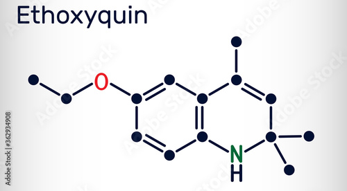 Ethoxyquin, EMQ,  antioxidant  E324 molecule. It is a quinoline used as a food preservative. Skeletal chemical formula
