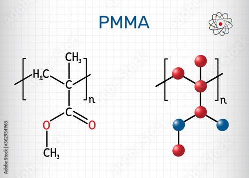 Poly(methyl methacrylate), acrylic glass, plexiglass, PMMA molecule. It is synthetic polymer of methyl methacrylate, is used for acrylic paint, latex, acrylic glass. Sheet of paper in a cage