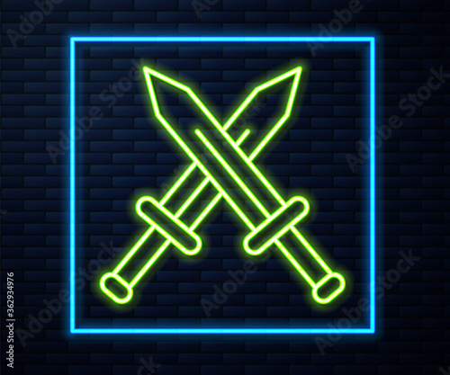 Glowing neon line Crossed medieval sword icon isolated on brick wall background. Medieval weapon. Vector.