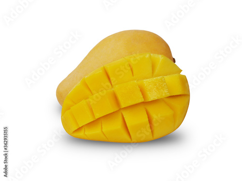 A half sliced mango on white background