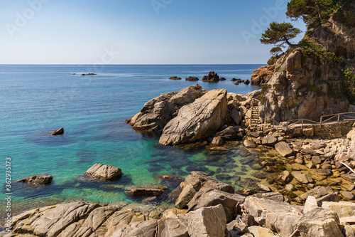 View of the coastal path along the cliffs of Plaja D'Aro a Calonge, Costa Brava, Catalonia, Spain.