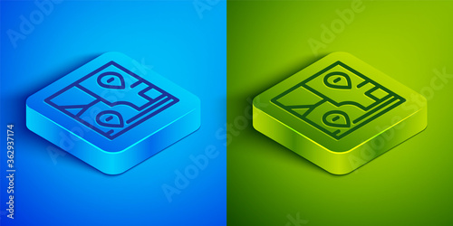 Isometric line Folded map with location marker icon isolated on blue and green background. Square button. Vector.