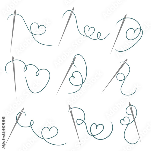 Heart with a needle thread icon for design on white, set of different form of hearts. vector illustration