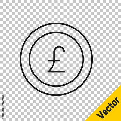 Black line Coin money with pound sterling symbol icon isolated on transparent background. Banking currency sign. Cash symbol. Vector.