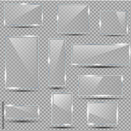 Set of realistic glasses on isolated background. Clear glass showcase. Empty realistic acrylic plates. Acrylic and plexiglass texture with glares and light. Clear glass with shadow. Vector