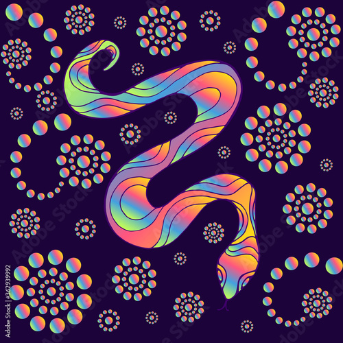 Bright colorful snake  neon gradient color  isolated on dark purple background with patterns