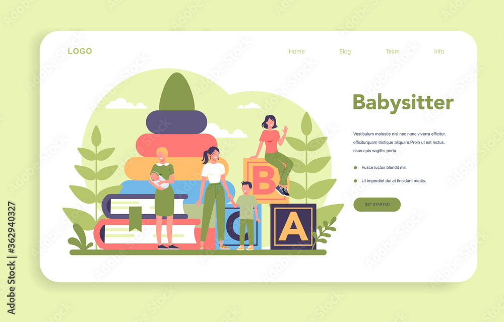 Babysitter service or nanny agency web banner or landing page.