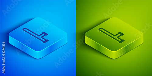 Isometric line Police rubber baton icon isolated on blue and green background. Rubber truncheon. Police Bat. Police equipment. Square button. Vector.