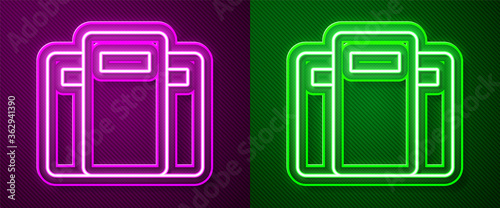 Glowing neon line Police assault shield icon isolated on purple and green background. Vector.