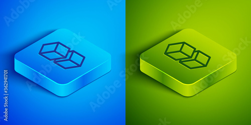 Isometric line Blockchain technology icon isolated on blue and green background. Cryptocurrency data. Abstract geometric block chain network technology business. Square button. Vector.