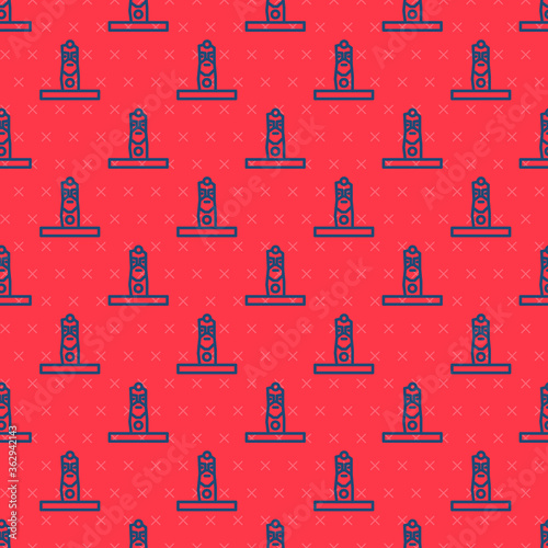 Blue line Slavic pagan idol icon isolated seamless pattern on red background. Antique ritual wooden idol. Vector.