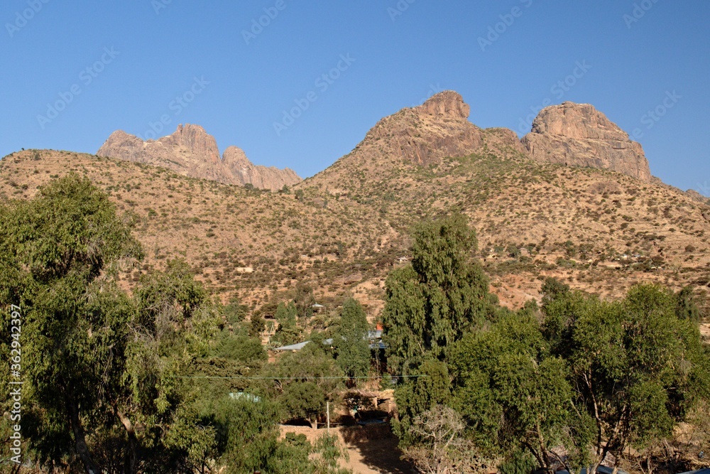 View of the rocky mountains above Yeha city. Tigray region. Ethiopia. Africa.