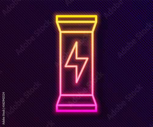Glowing neon line Sports nutrition bodybuilding proteine power drink and food icon isolated on black background. Vector.