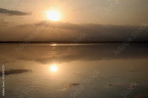 Danakil depression is located in northern Afar  near the borders of Ethiopia with Eritrea. Extensive salt lakes at sunset.Etiopia.Africa