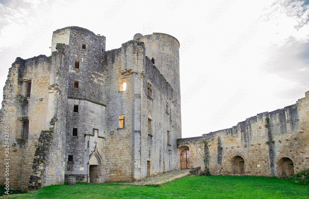 Rauzan, France - April 10, 2020 : The medieval feudal castle of Rauzan, Gironde, Aquitaine