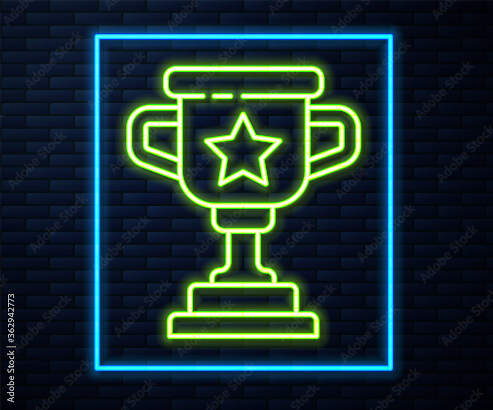 Glowing neon line Award cup icon isolated on brick wall background. Winner trophy symbol. Championship or competition trophy. Sports achievement sign. Vector. Glowing neon line Award cup icon isolated on brick wall background. Winner trophy symbol. Championship or competition trophy. Sports achievement sign. Vector.