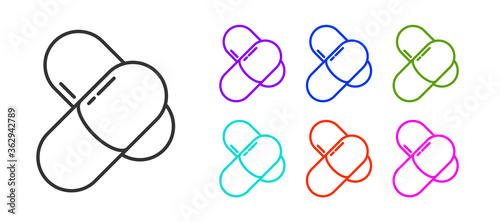 Black line Sports nutrition bodybuilding proteine power drink and food icon isolated on white background. Set icons colorful. Vector.