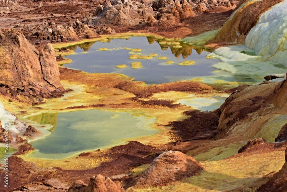 Salt ponds, bubbling chimneys and salt terraces form the bottom of the volcanic crater Dallol, Ethiopia: The Hottest Place on Earth,Danakil Depression,North Ethiopia,Africa