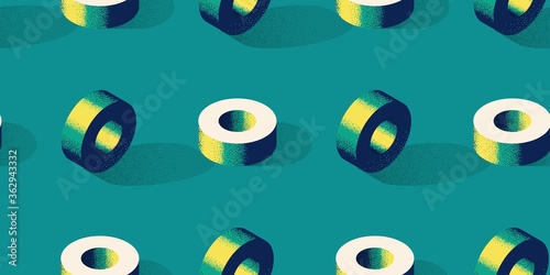 Seamless pattern with donut or torus shape on green background in modern dotted texture style