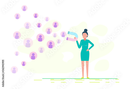 The symbol of digital marketing. Vector business concept - attracting customers and clients to business - businessman holds a magnet