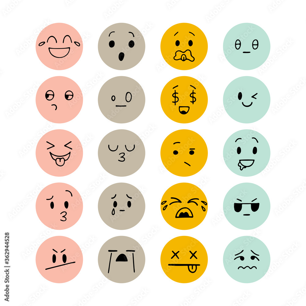Emoji icons. Set of hand drawn funny smiley faces. Happy kawaii style. Sketched facial expressions set. Collection of cartoon emotional characters Emoji icons. Set of hand drawn funny smiley faces. Happy kawaii style. Sketched facial expressions set. Collection of cartoon emotional characters