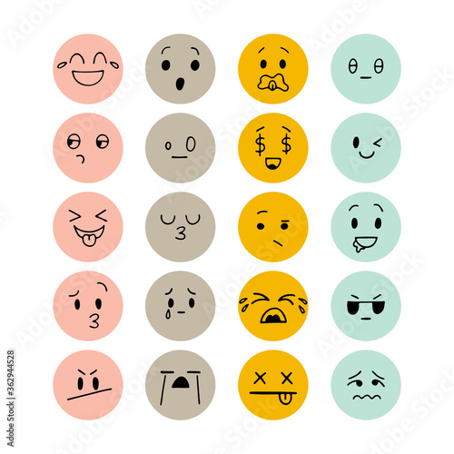Emoji icons. Set of hand drawn funny smiley faces. Happy kawaii style. Sketched facial expressions set. Collection of cartoon emotional characters