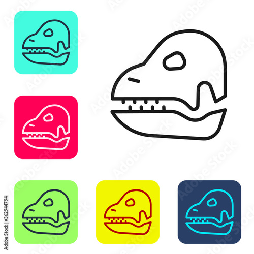 Black line Dinosaur skull icon isolated on white background. Set icons in color square buttons. Vector.