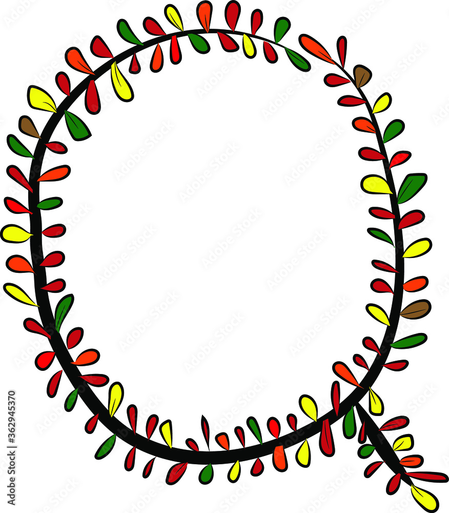 Colorful autumn Latin alphabet. The letter Q is drawn by hand with a brush. Black branches and red, green, orange, yellow leaves. Foliage of a Bush. Vector image. Calligraphy and lettering. Eco,nature