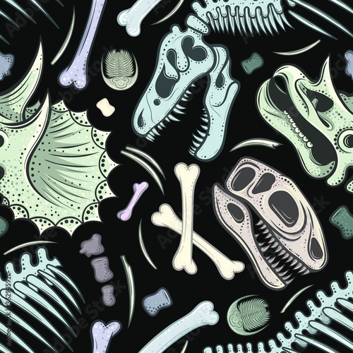 Vector Color Dino Bones Seamless Pattern