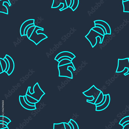 Green line Greek helmet icon isolated seamless pattern on blue background. Antiques helmet for head protection soldiers with a crest of feathers or horsehair. Vector.